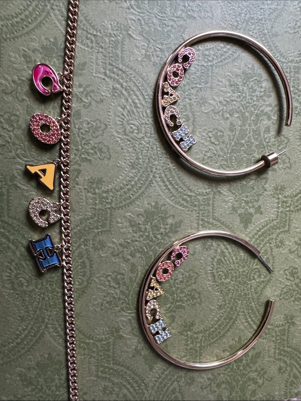 COACH Gold Letter Charm Necklace & Hoop Earrings with Multicolor Lettering - Picture 2 of 2